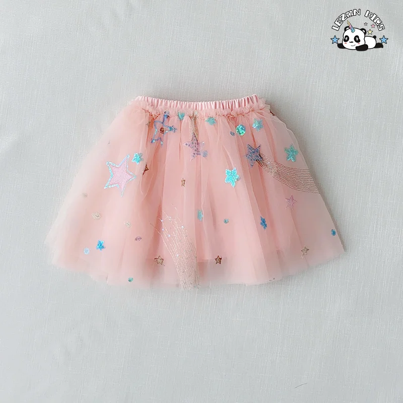 LEZONKIDS - Customizable Mesh Star Print Girls Dress Sweet Style Breathable Feature Bow Decoration Children's Skirt